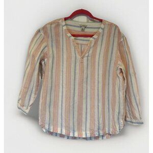 LL Bean Striped Top V Neck 3/4 Sleeve Womens Blouse Button Detail M Linen